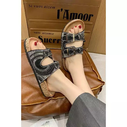 BEADS DETAIL DOUBLE BUCKLE SLIDER SANDALS