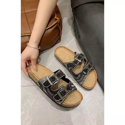 BEADS DETAIL DOUBLE BUCKLE SLIDER SANDALS