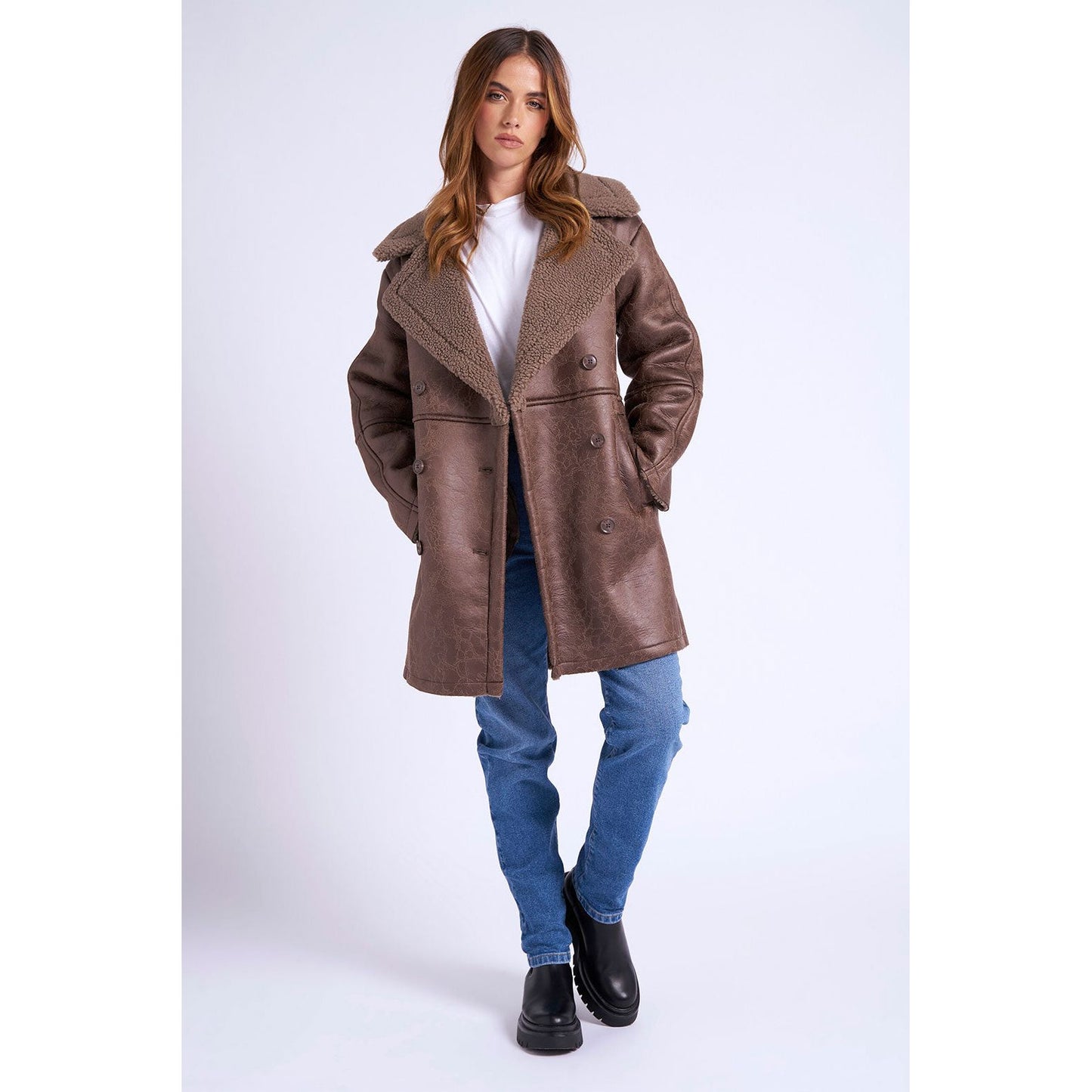 Borg lined Chocolate Mid Length Bonded Coat