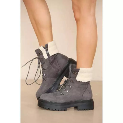 Suede Fur Collar Lace up Ankle Boots