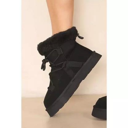 Black Chunky Ankle Snow Winter Biker Boot Details with Lace