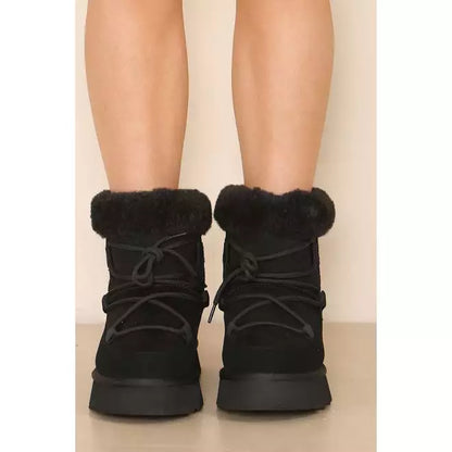 Black Chunky Ankle Snow Winter Biker Boot Details with Lace