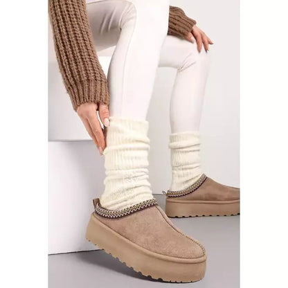 CAMEL EMBROIDED FLUFFY PLATFORM SLIP ON