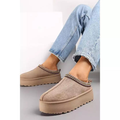 CAMEL EMBROIDED FLUFFY PLATFORM SLIP ON