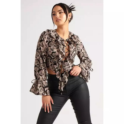 Floral Lattice Front Ruffle Top
