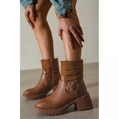 Mid- Heel Buckle Zip Chunky Detail Boots