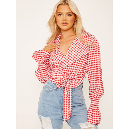 Checked Wrap Front Tie Knot Top