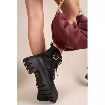 Lace-Up Biker Boots with Buckle Detail