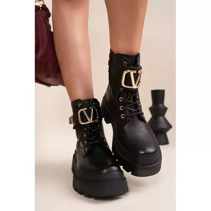 Lace-Up Biker Boots with Buckle Detail
