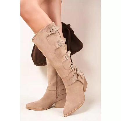 Heel Knee High Boots with Buckle Strap Detail
