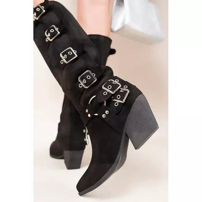 Heel Knee High Boots with Buckle Strap Detail