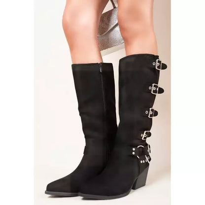 Heel Knee High Boots with Buckle Strap Detail
