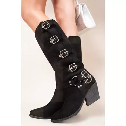 Heel Knee High Boots with Buckle Strap Detail