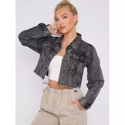 Distressed Cropped Denim Jacket With Pockets