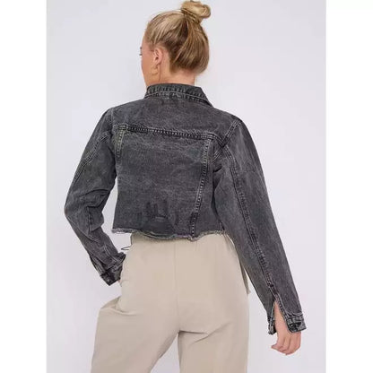 Distressed Cropped Denim Jacket With Pockets