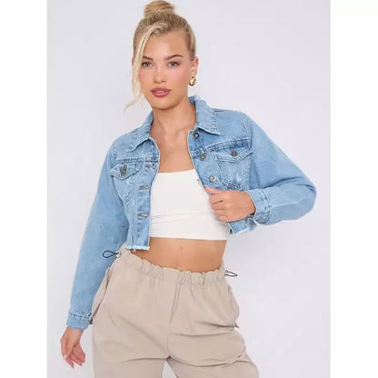 Distressed Cropped Denim Jacket With Pockets