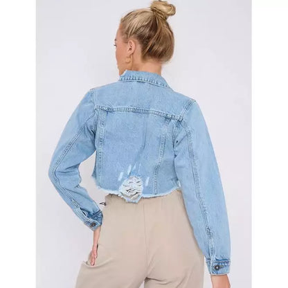 Distressed Cropped Denim Jacket With Pockets