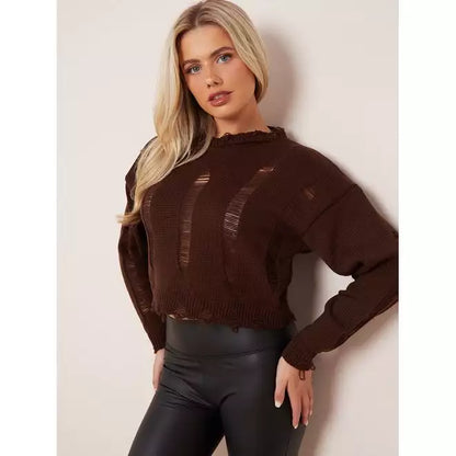Long Sleeve Distressed Knitted Cropped Jumper