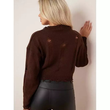 Long Sleeve Distressed Knitted Cropped Jumper