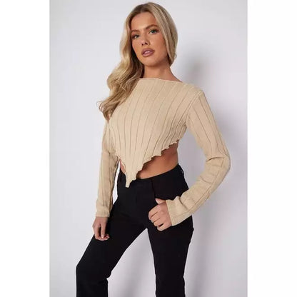 Asymmetric Hem Ribbed Knit Crop Top