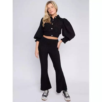 Borg gold button crop top & trousers co-ord