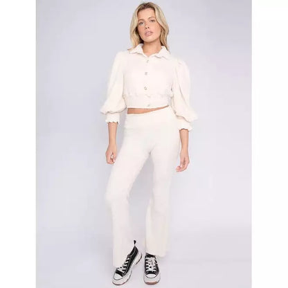 Borg gold button crop top & trousers co-ord