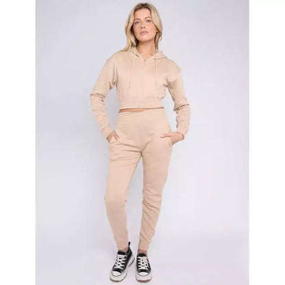 Zip Up Cropped Hoodie & Jogger Fleece Tracksuit