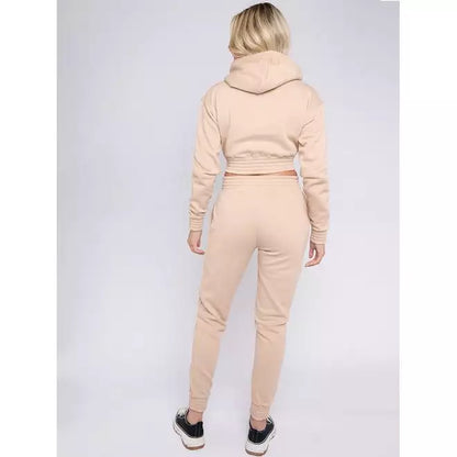 Zip Up Cropped Hoodie & Jogger Fleece Tracksuit