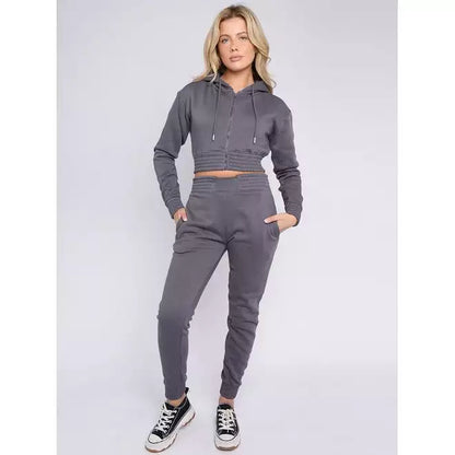Zip Up Cropped Hoodie & Jogger Fleece Tracksuit