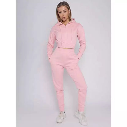 Zip Up Cropped Hoodie & Jogger Fleece Tracksuit