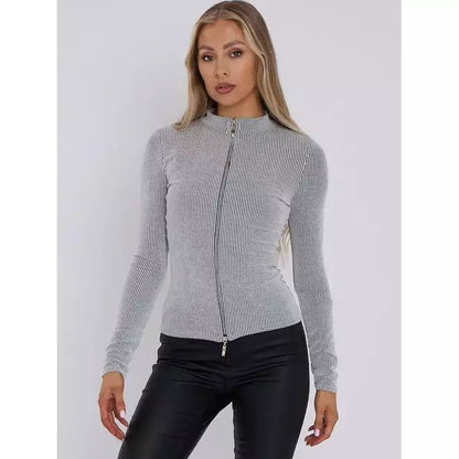High Neck Zip Up Ribbed Top