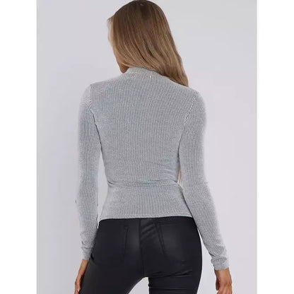 High Neck Zip Up Ribbed Top