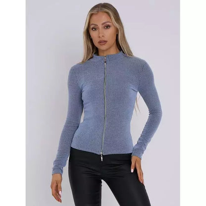 High Neck Zip Up Ribbed Top
