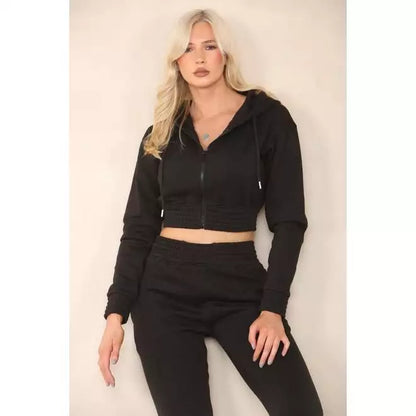 Zip Up Cropped Hoodie & Jogger Fleece Tracksuit