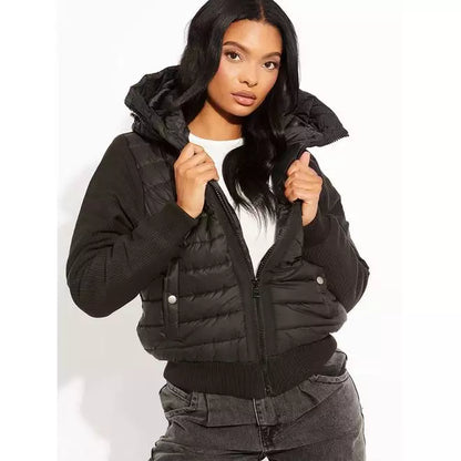 Puffer Bomber Jacket with Ribbed Sleeves