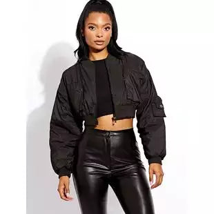 Ruched Sleeve Utility Pocket Cropped Bomber Jacket